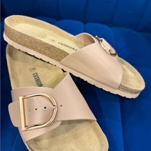 Women’s Pink Slide Sandals with Gold Buckle